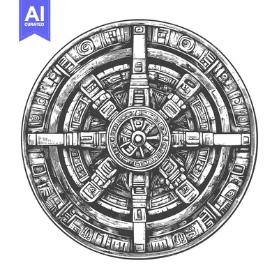 Aset desain premium: A Detailed Sketch of a Circular Mayan Design with Intricate Geometric