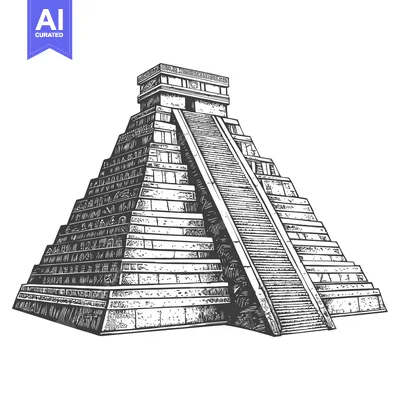 A Detailed Sketch of a Mayan Pyramid with Elaborate Carvings