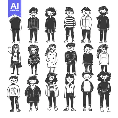 Aset premium populer: A Diverse Group of Hand-Drawn People in Casual Attire
