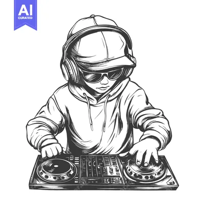 Aset desain premium: A DJ Wearing a Cap and Headphones Mixing Music on a Mixer