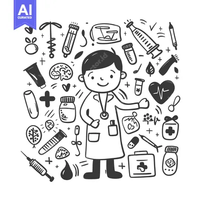Aset premium populer: A Doctor Surrounded by Hand-Drawn Medical Objects