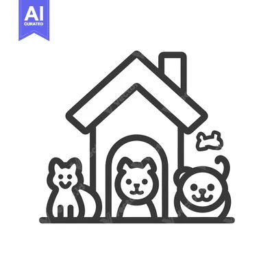 Aset desain premium: A Dog and Two Cats by a Pet House