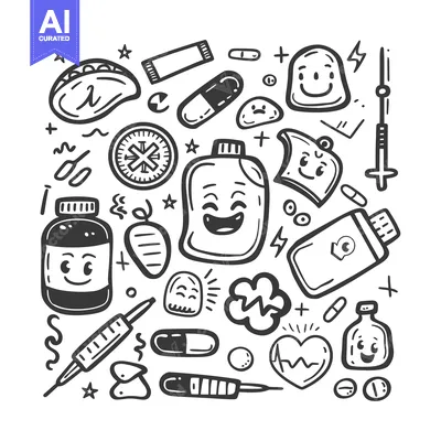 Aset premium populer: A Doodle Collection of Healthcare-Related Icons with Cute Faces