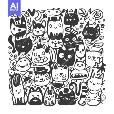 Aset desain premium: A Doodled Illustration of a Group of Cartoon Cats
