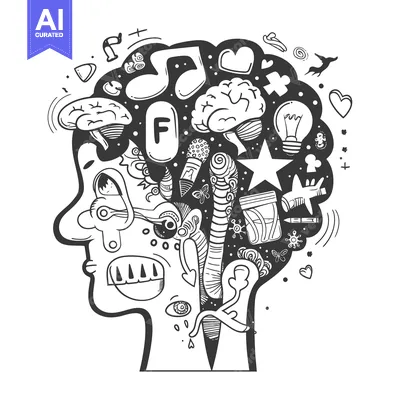 Aset desain premium: A Doodle-Filled Head Illustrating Creativity and Thought