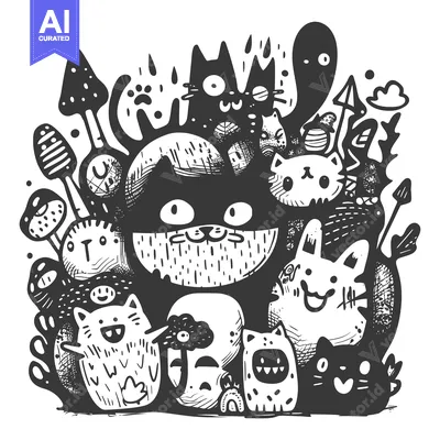 Aset premium populer: A Doodle Illustration Featuring a Large Cat and Other Creatures in Bla