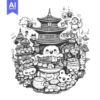 Popular premium asset: A Doodle Illustration Featuring a Pagoda and Various Cute Characters