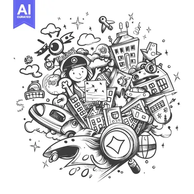 Aset desain premium: A Doodle Illustration Featuring a Person, Buildings, and Space Objects