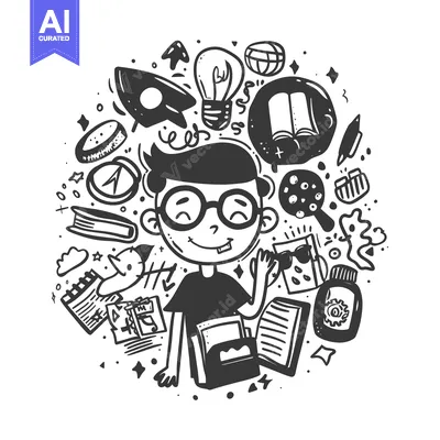 Aset desain premium: A Doodle Illustration of a Boy Surrounded by Educational Symbols