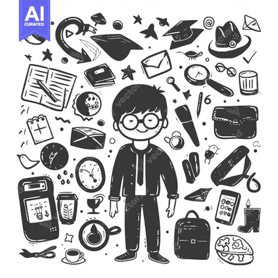 Aset desain premium: A Doodle Illustration of a Boy Surrounded by School Supplies and Other