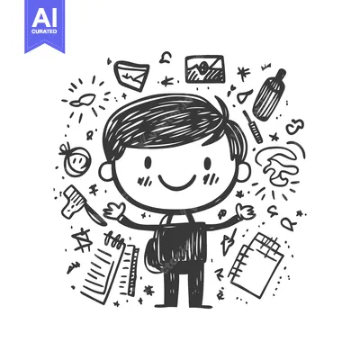 Premium design asset: A doodle illustration of a happy boy surrounded by school supplies