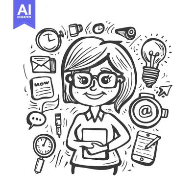 Aset desain premium: A Doodle Illustration of a Person Surrounded by Objects Representing W