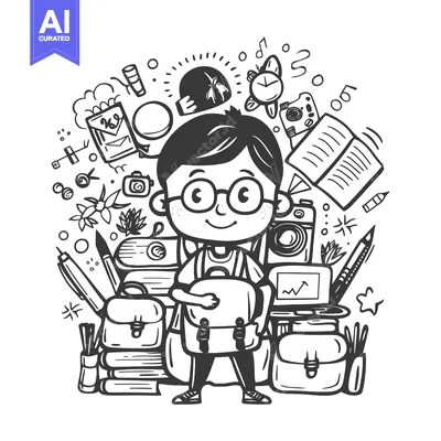 A Doodle Illustration of a Schoolboy Surrounded by School Supplies