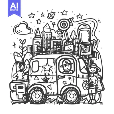Aset premium populer: A doodle illustration of a van packed with objects, driven by a person
