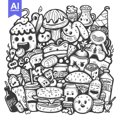 Aset desain premium: A Doodle Illustration of Various Food Items with Faces