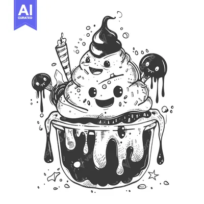 Premium design asset: A Doodle of a Cartoon Ice Cream Sundae With Smiling Faces