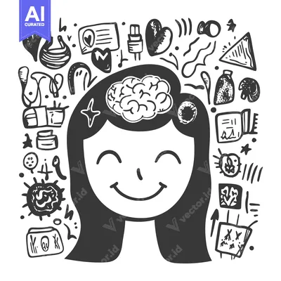 Aset desain premium: A doodle of a happy woman with a brain above her head, surrounded by a