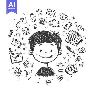 A doodle of a smiling boy surrounded by school supplies