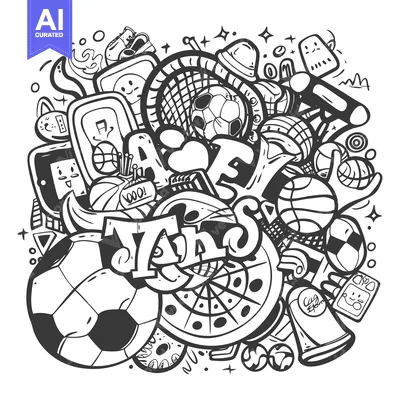 Premium design asset: A Doodle of Sports Balls, Equipment, and the Word "Thanks"