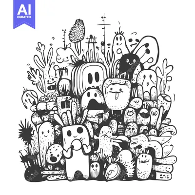 Aset premium populer: A Doodle of Various Quirky Characters and Abstract Shapes