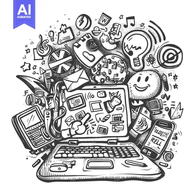 Aset premium populer: A Doodle-Style Illustration Depicting the Modern Digital Landscape