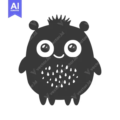 Aset desain premium: Adorable Black and White Cartoon Monster with Big Eyes and a Smile