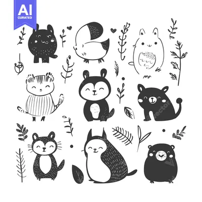 Aset desain premium: Adorable Hand-Drawn Black and White Animal Illustrations with Floral E