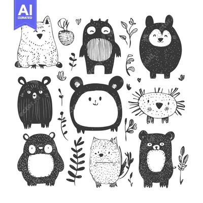 Aset premium populer: Adorable Hand-Drawn Black and White Cartoon Animals with Floral Elemen