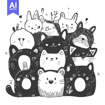 Aset premium populer: Adorable Hand-Drawn Black and White Cats and Bunnies