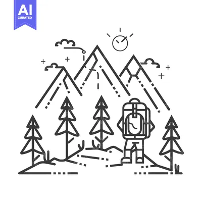 Aset desain premium: A backpacker stands before mountains under a simple sun design