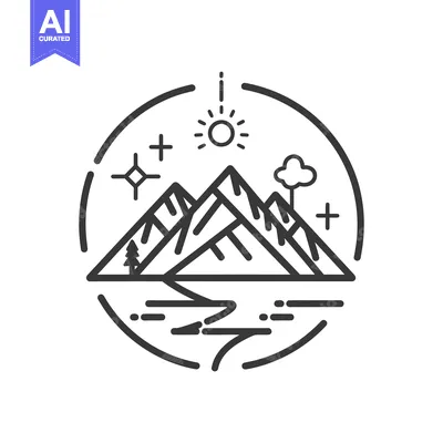 Aset premium populer: An artistic linear illustration depicting mountains sun and landscape