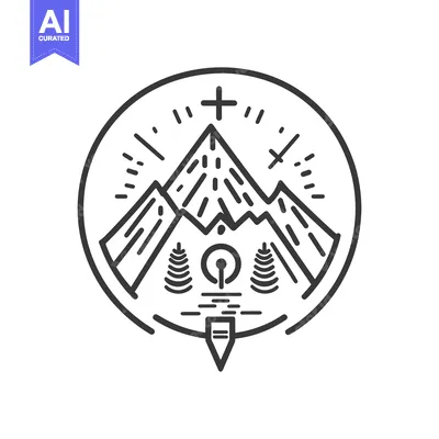 Aset desain premium: Detailed line art depiction of mountains within a circle frame