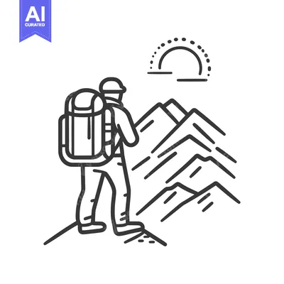 Aset desain premium: A hiker views the mountains and sun in a line art depiction