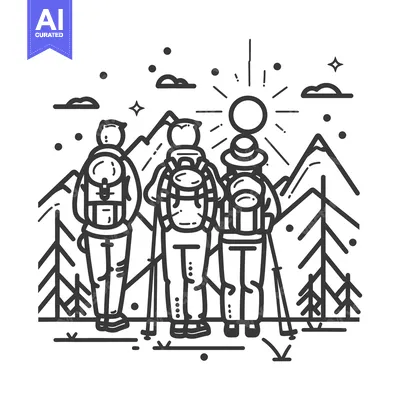 Aset premium populer: Three hikers stand admiring a scenic mountain landscape with trees