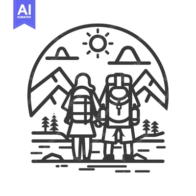Aset desain premium: Two people hiking and admiring mountain landscapes under the sun