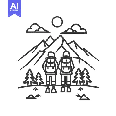 Aset premium populer: Two backpackers observing mountains and trees under sunny skies