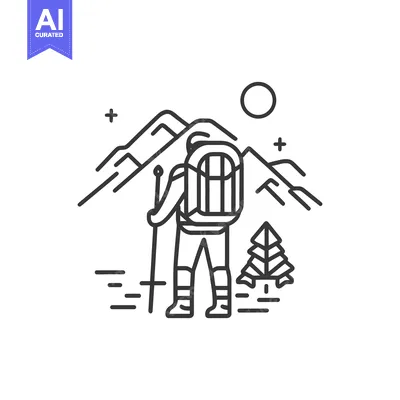 Popular premium asset: A person hiking in mountains with a large backpack and stick