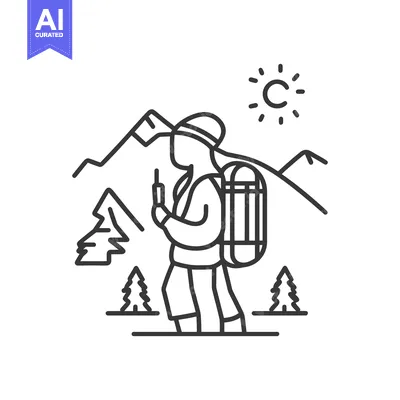 Aset desain premium: An illustrated figure hiking in the mountains with backpack