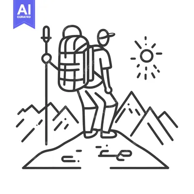 Premium design asset: A hiker is climbing a mountain with a backpack and hiking stick