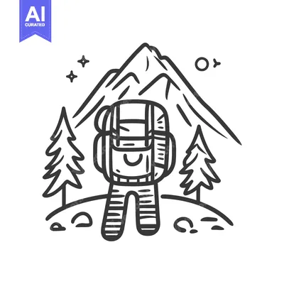 Aset desain premium: A cartoon backpack character stands before a towering mountain range