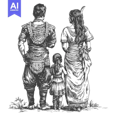 Aset desain premium: A Family in Traditional Attire, Standing Back to Back