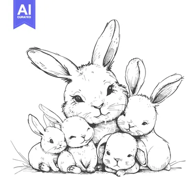 Popular premium asset: A Family of Four Bunnies Huddled Together in a Hand-Drawn Sketch
