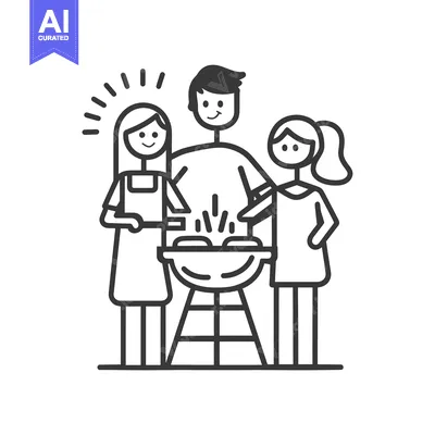 Aset premium populer: A Family of Three Grilling Together with a Charcoal Grill