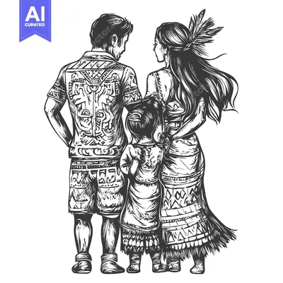 Aset premium populer: A Family of Three in Traditional Clothing, Standing Back to Back
