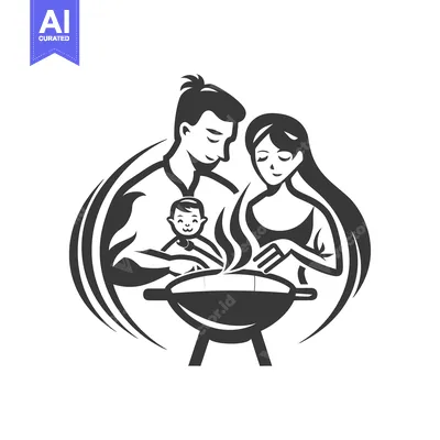 Premium design asset: A family of three preparing food on a grill