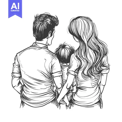 Aset desain premium: A Family of Three Viewed from Behind in a Hand-Drawn Sketch