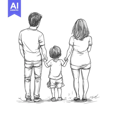 Aset desain premium: A Family of Three Walking Hand-in-Hand, Seen from Behind