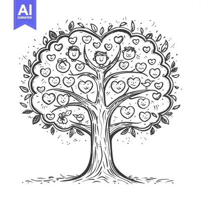 Aset desain premium: A Family Tree Depicting Love and Happiness with Birds and Smiling Face