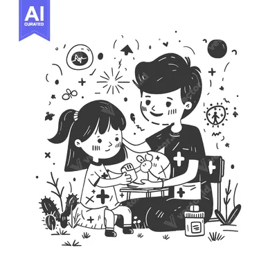 Premium design asset: A Father and Daughter in a Medical Setting, Surrounded by Doodle-Like