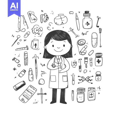 Aset desain premium: A female doctor with medical supplies in a doodle style